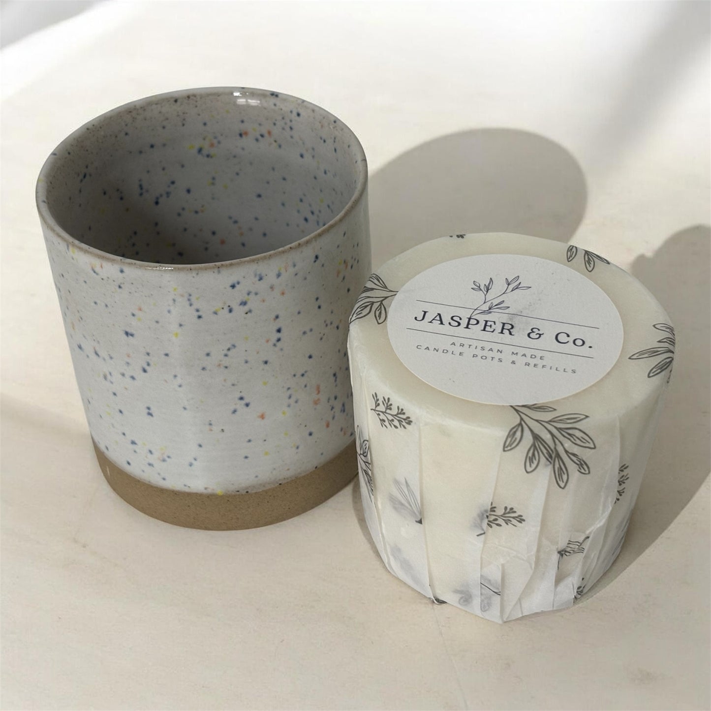 White Speckled Handmade Stoneware Refillable Candle Pot