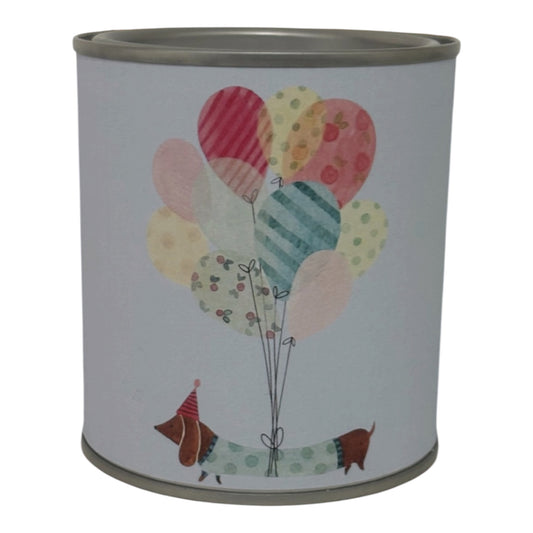 Birthday Balloon Sausage Dog Candle Tin – Cute Gift Candle