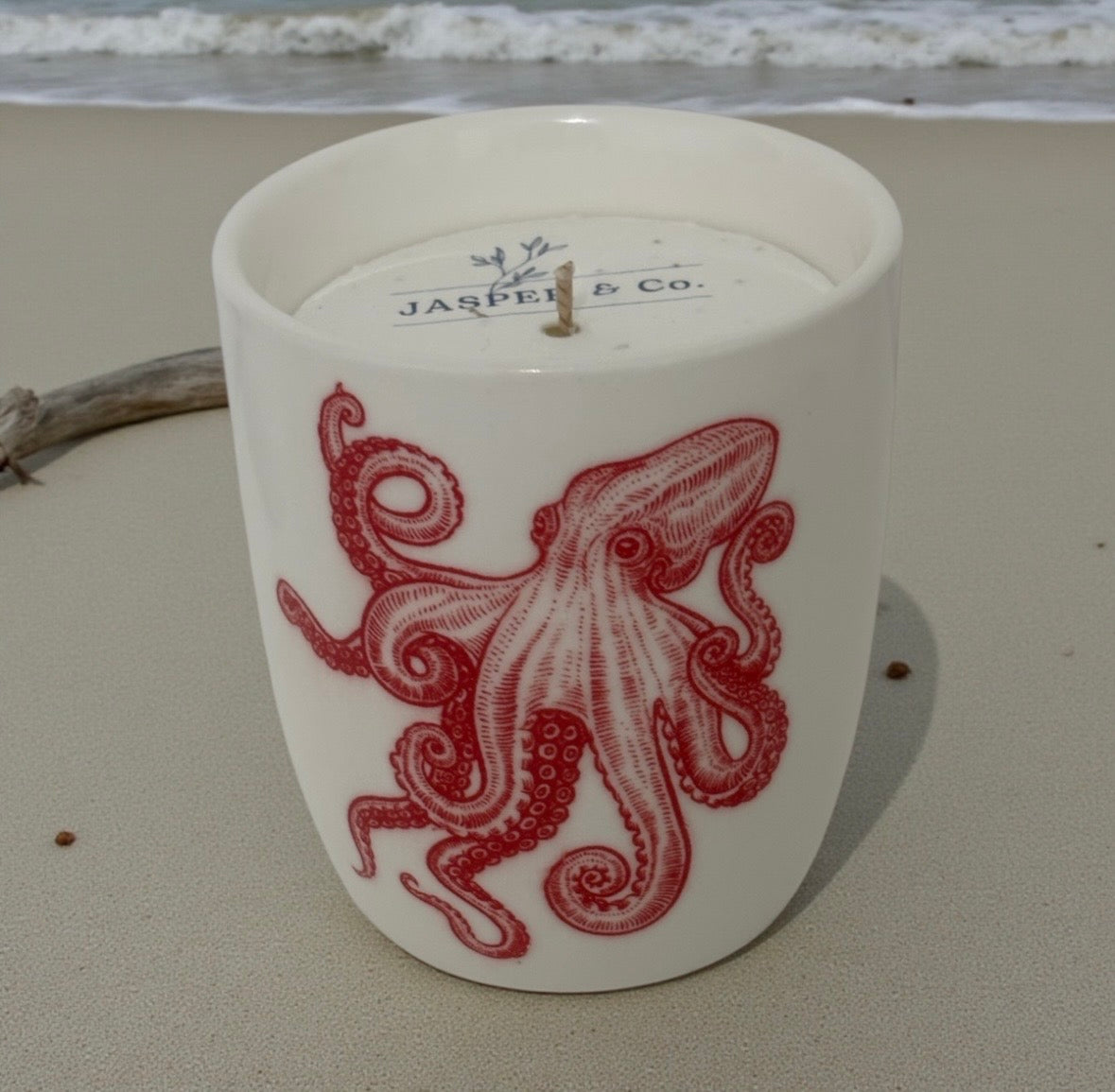 Red Octopus Stoneware Candle | Hand-Poured Soy Wax | Reusable Hug Mug