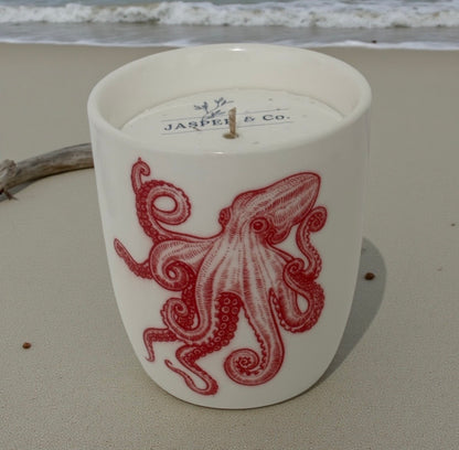 Red Octopus Stoneware Candle | Hand-Poured Soy Wax | Reusable Hug Mug