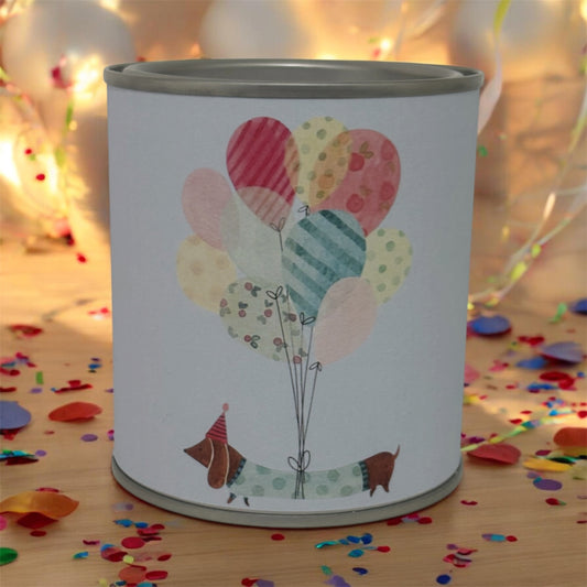Birthday Balloon Sausage Dog Candle Tin – Cute Gift Candle