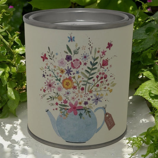 Floral Teapot Soy Wax Candle Tin – Botanical Garden Candle | Handmade Gift Candle