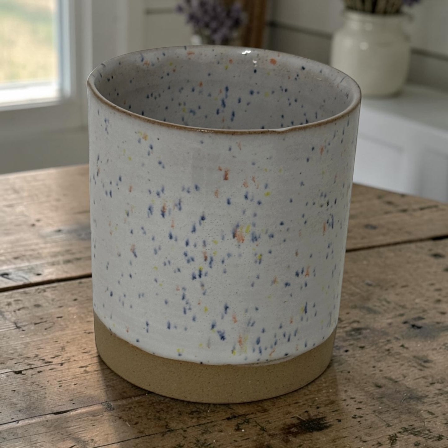 White Speckled Stoneware Refillable Candle Pot