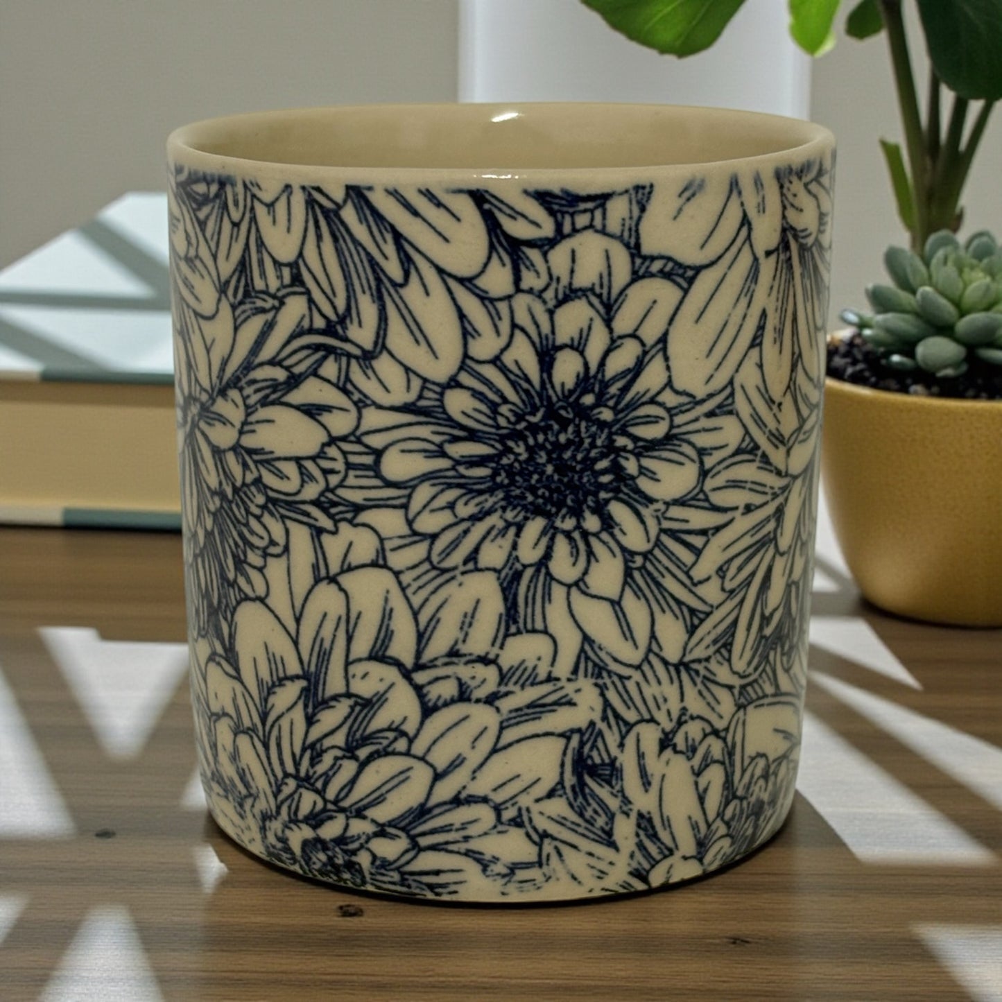 Blue Chrysanthemum Stoneware Candle Pot