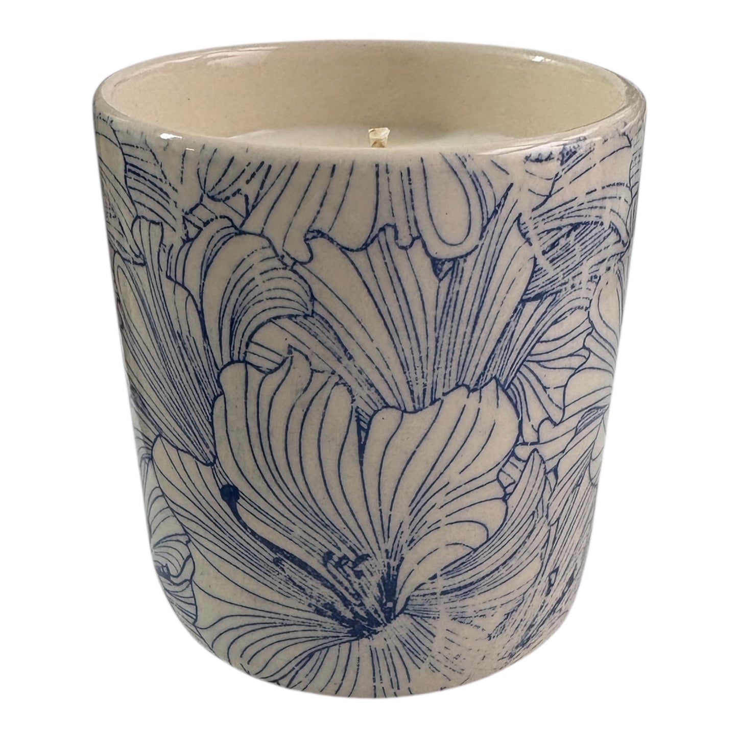 Blue Hibiscus Stoneware Candle Pot