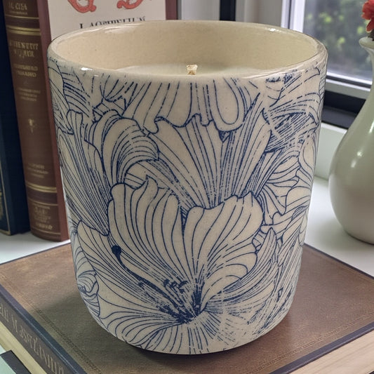 Blue Hibiscus Stoneware Candle Pot